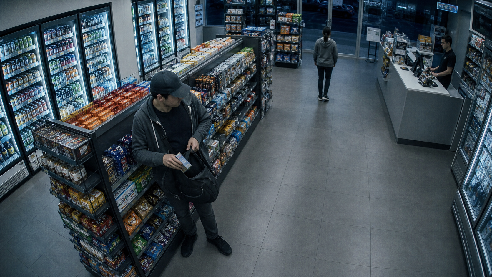 Fictional retail security-camera scene used to illustrate incident review